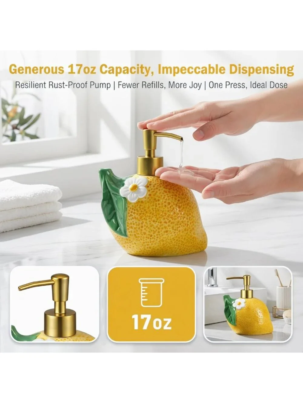 17 OZ Refillable Ceramic Soap Dispenser - Cute Bathroom & Kitchen Pump for